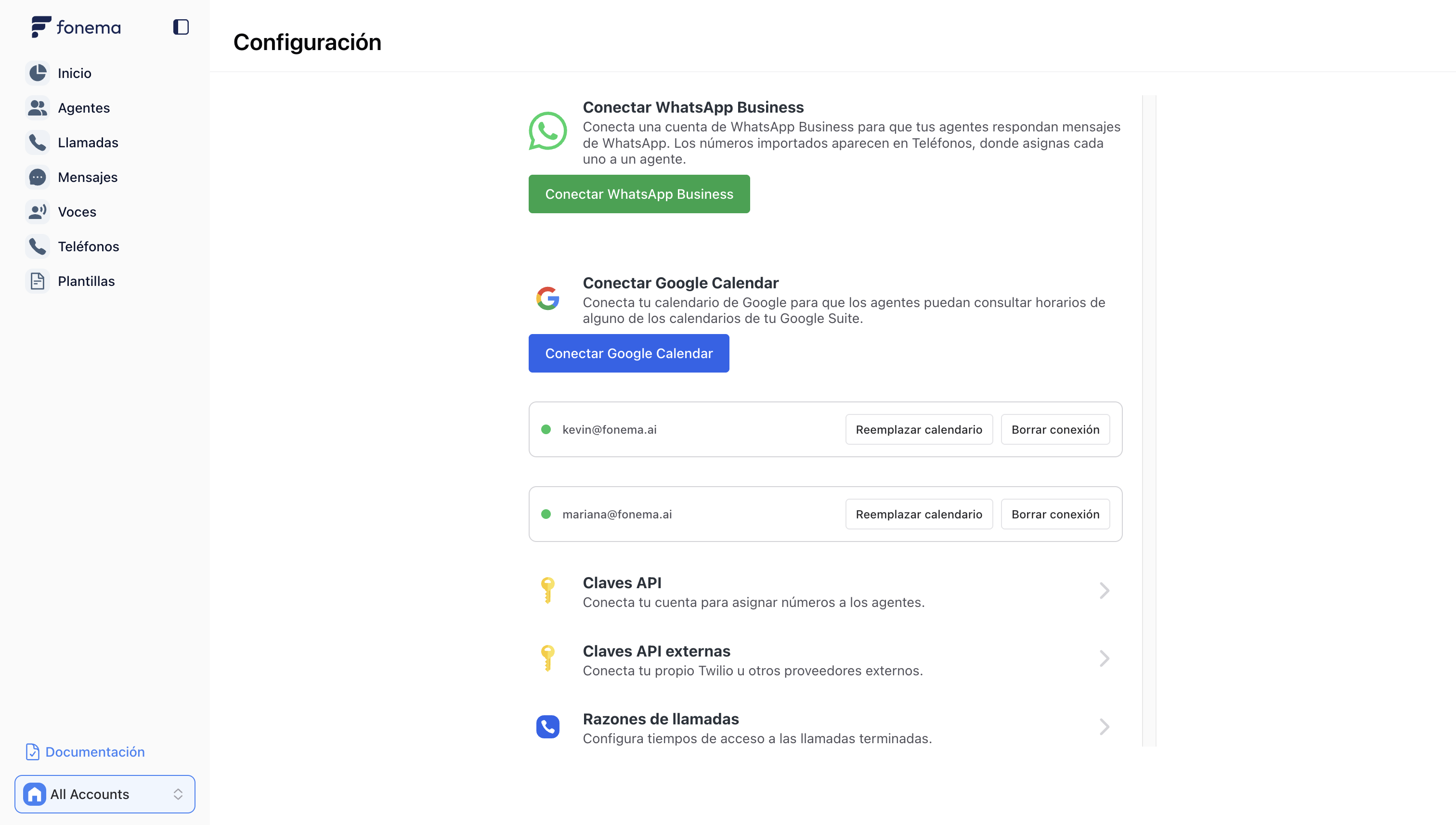 Fonema Configuration page before connecting WhatsApp Business