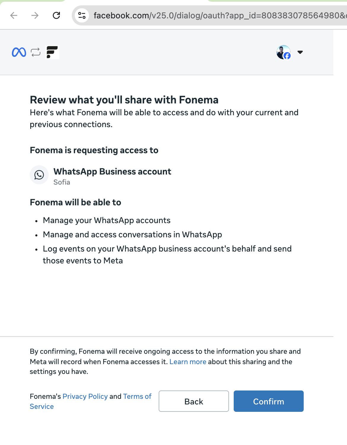 Meta permissions review screen for Fonema