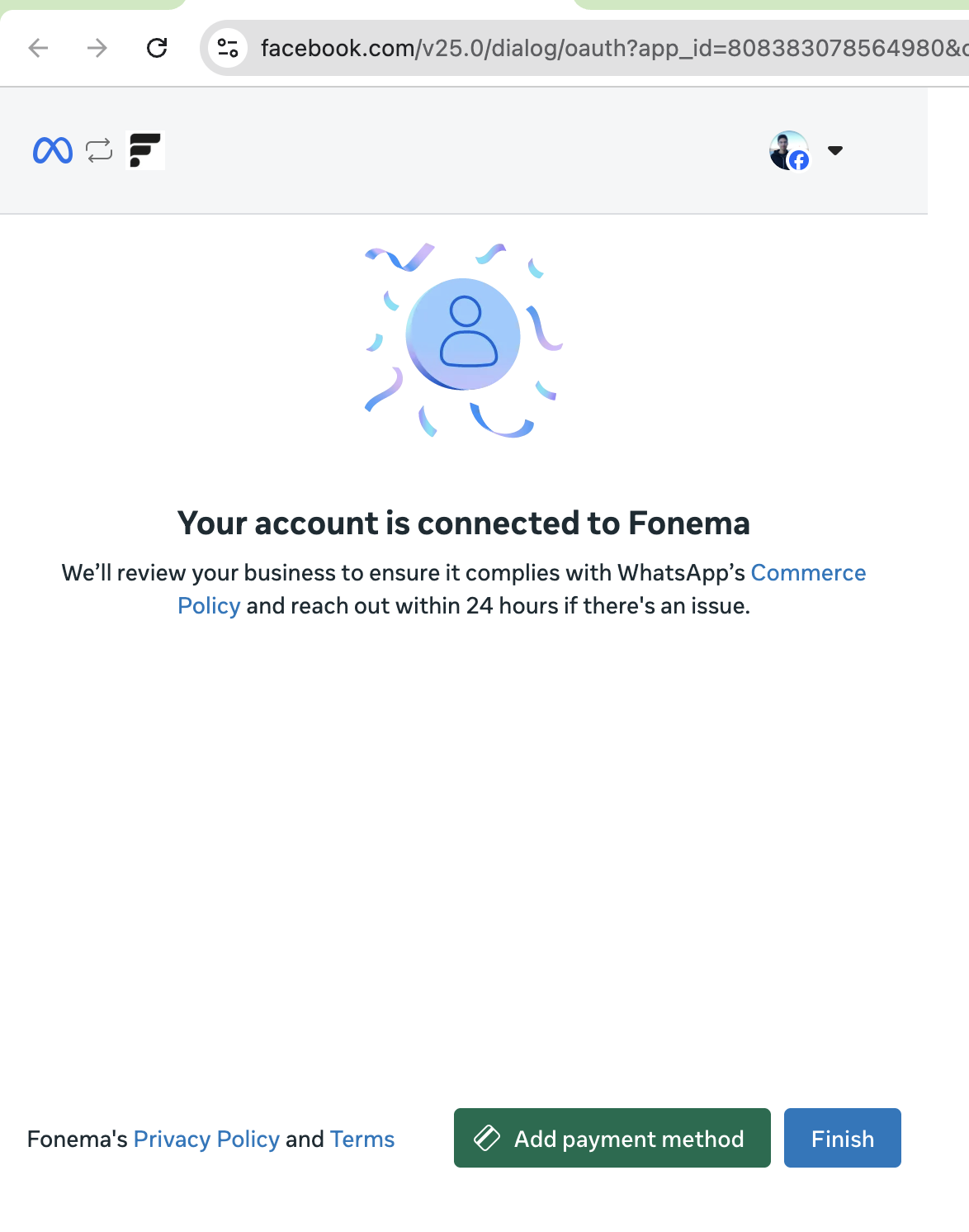 Meta account connected successfully screen