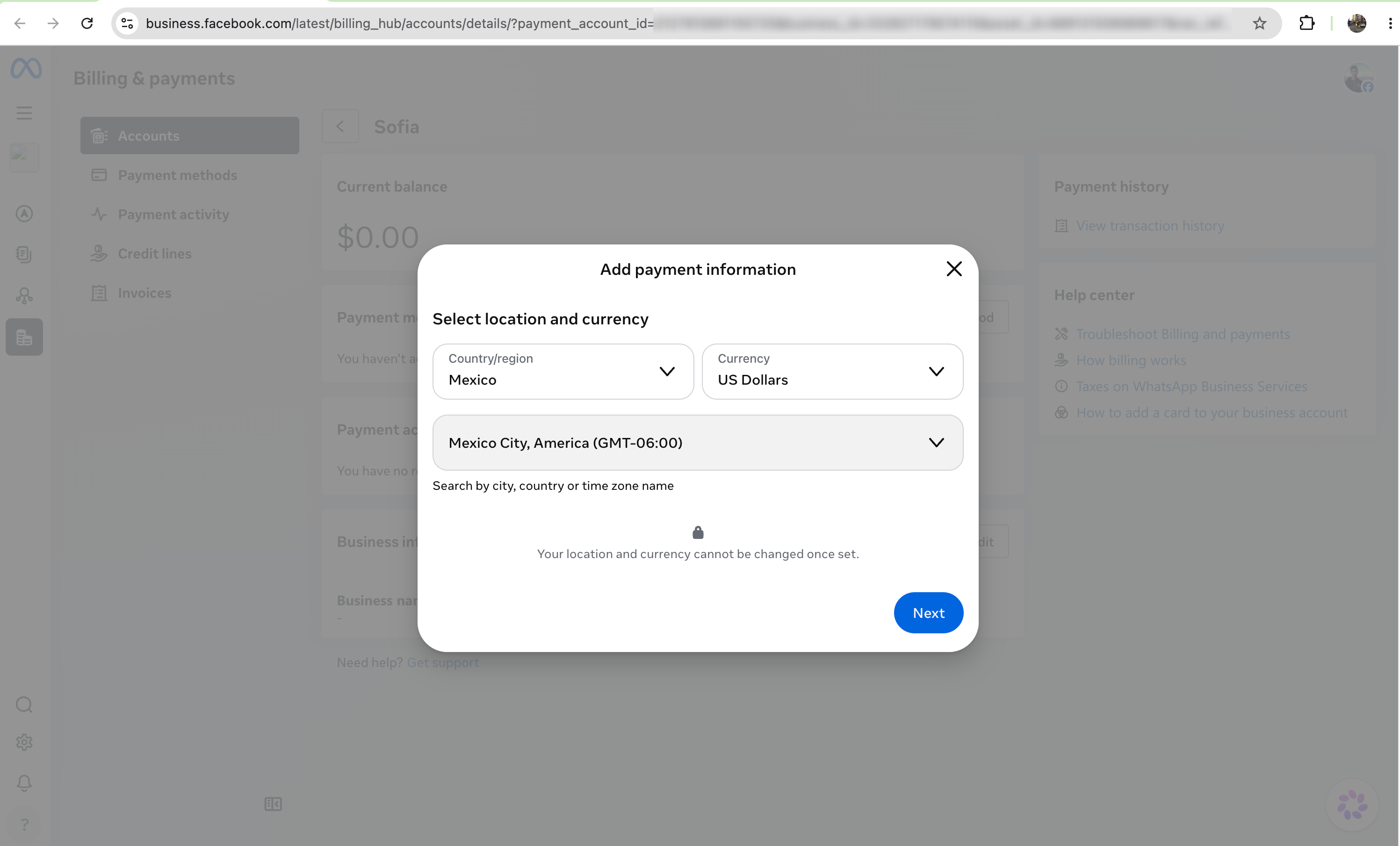 Meta billing location and currency setup screen