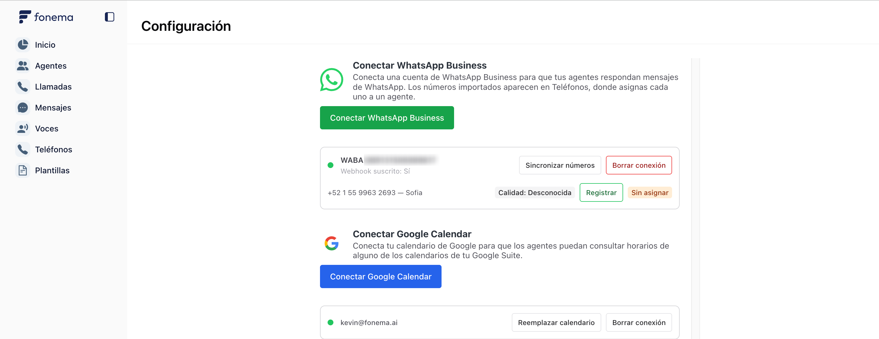 Fonema Configuration page with connected WABA