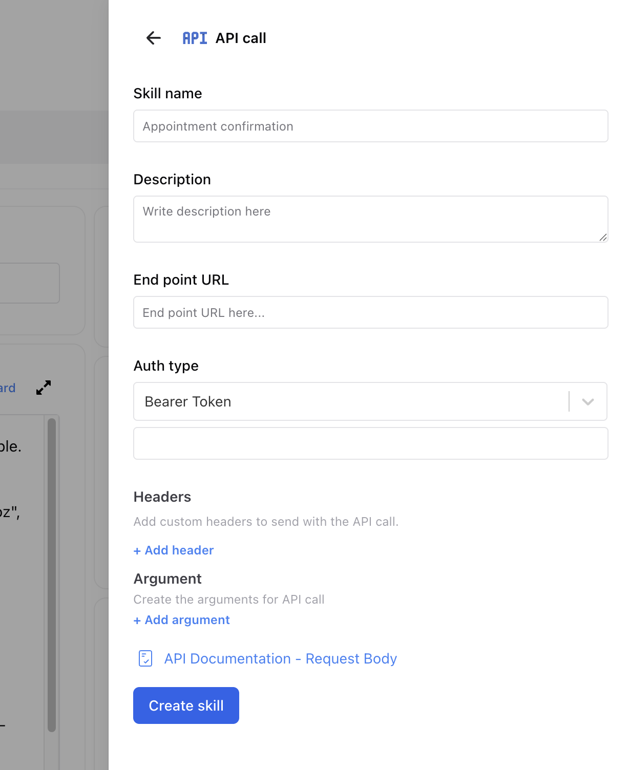 API call skill configuration panel