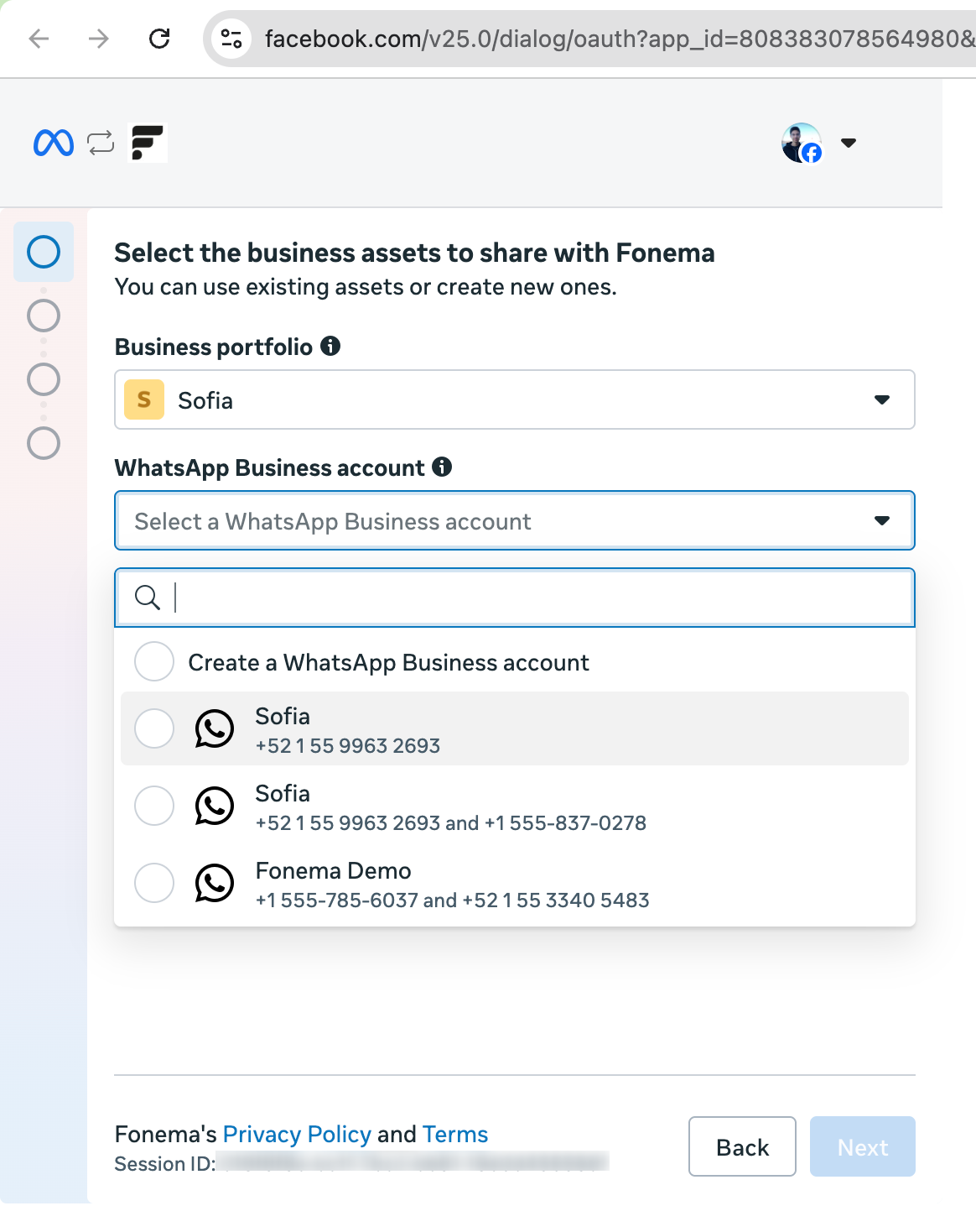 Pantalla de selección de cuenta de WhatsApp Business