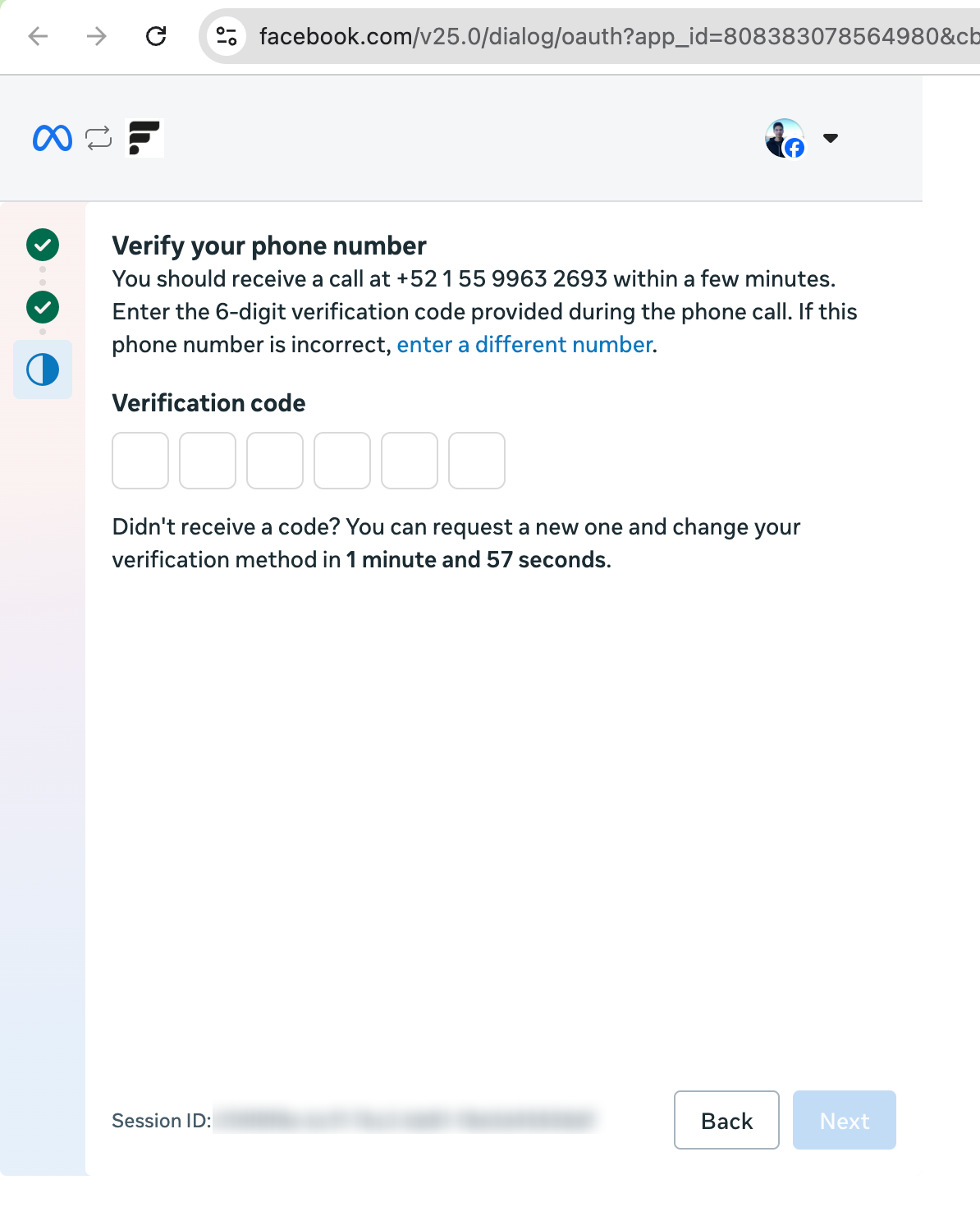 Pantalla de verificación con código de 6 dígitos en Meta