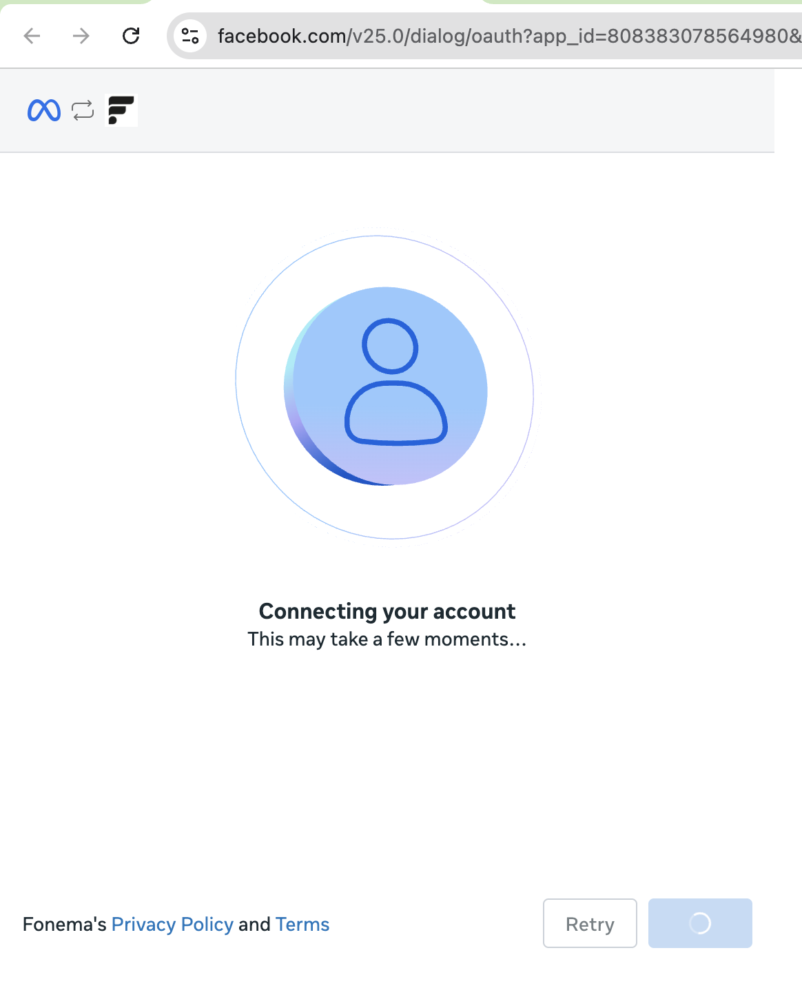 Pantalla de carga conectando cuenta en Meta
